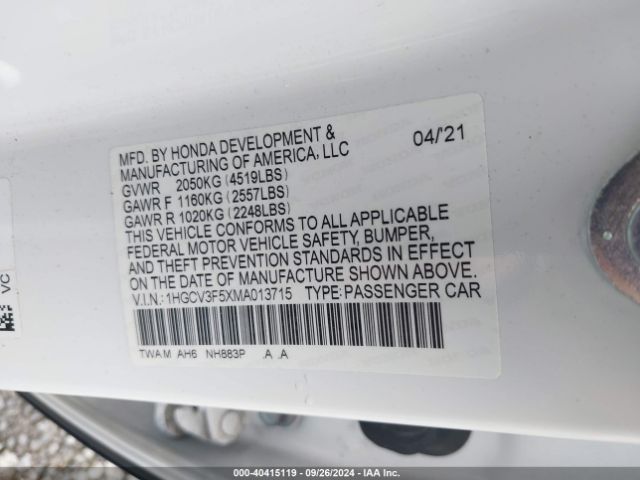 1HGCV3F5XMA013715 Honda Accord Hybrid Ex-l