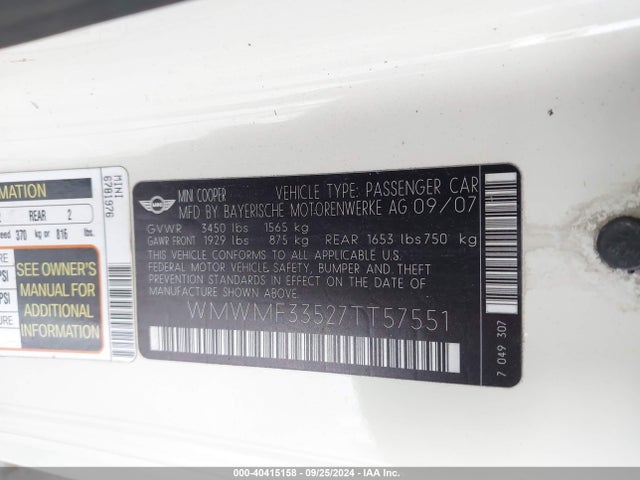 2007 MINI COOPER WMWMF33527TT57551 Photo 8