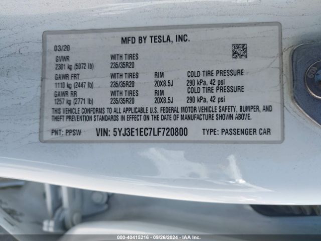 5YJ3E1EC7LF720800 Tesla Model 3 Performance Dual Motor All-wheel Drive