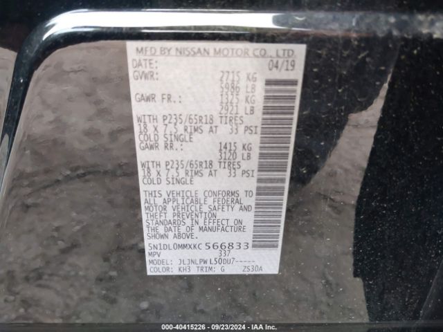 5N1DL0MMXKC566833 Infiniti QX60 PURE