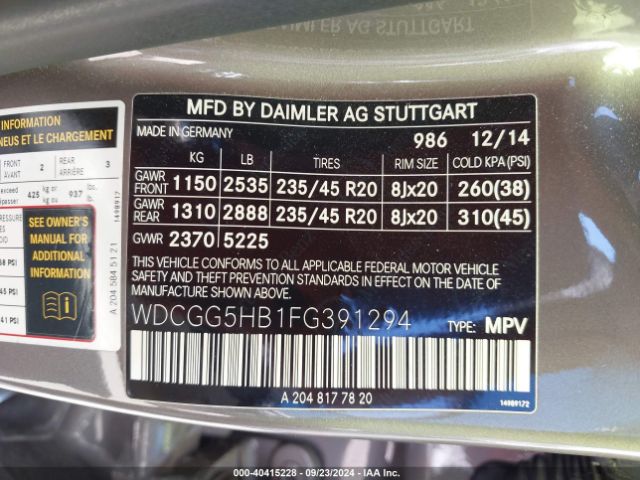 WDCGG5HB1FG391294 Mercedes-Benz GLK 350