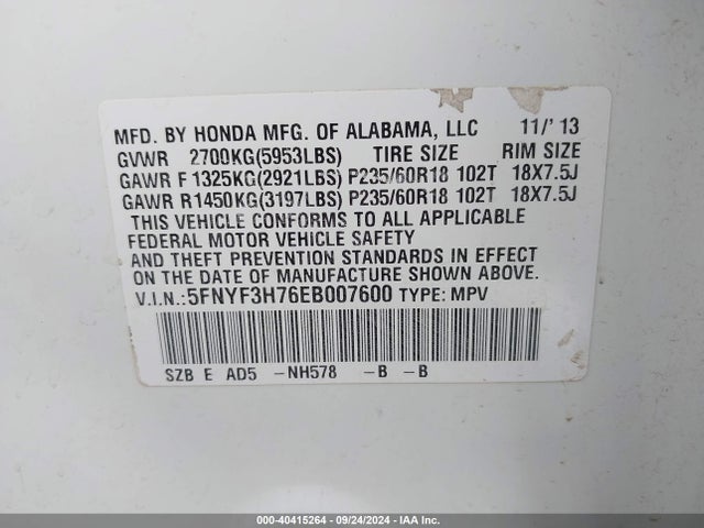 Honda Pilot Ex-l 2014 5FNYF3H76EB007600 Image 9