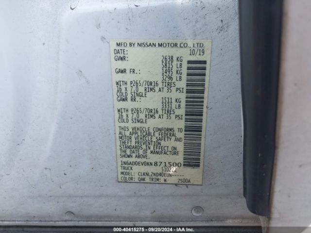 1N6AD0EV0KN871500 Nissan Frontier Sv
