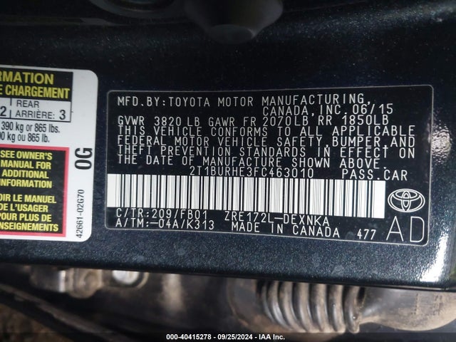 Toyota COROLLA LE 2015 2T1BURHE3FC463010 Image 9