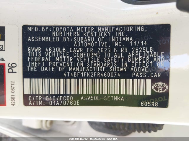 Toyota CAMRY LE 2015 4T4BF1FK2FR460074 Image 9