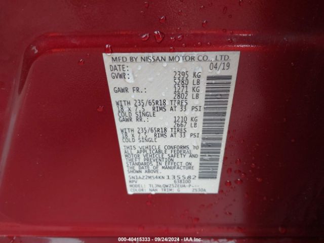 5N1AZ2MS4KN135582 Nissan MURANO SV