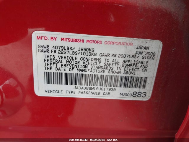 2009 MITSUBISHI LANCER JA3AU86W19U017929 Photo 8