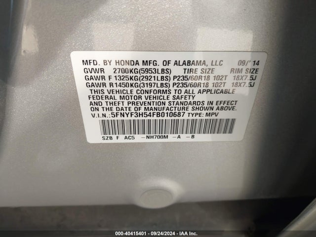 Honda Pilot Ex-l 2015 5FNYF3H54FB010687 Image 9