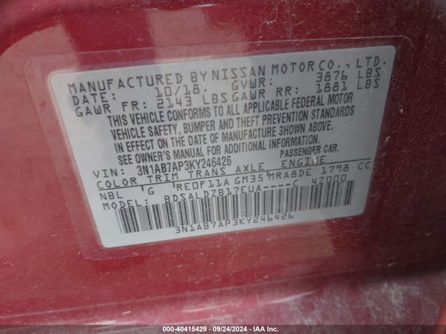 Nissan SENTRA SV 2019 3N1AB7AP3KY246426 Image 9