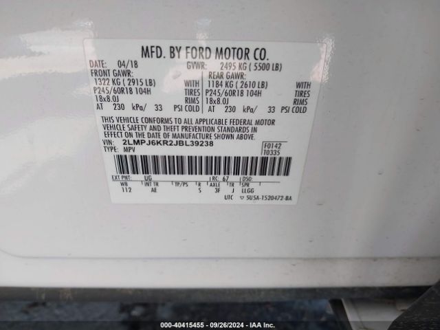 2LMPJ6KR2JBL39238 Lincoln Mkx Select