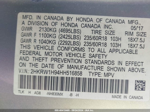 Honda Cr-v Touring 2017 2HKRW1H94HH516858 Image 9