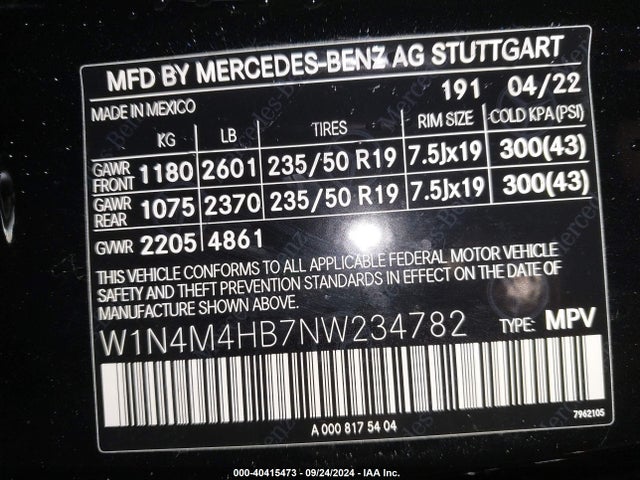 W1N4M4HB7NW234782 Mercedes-Benz Glb 250 4matic