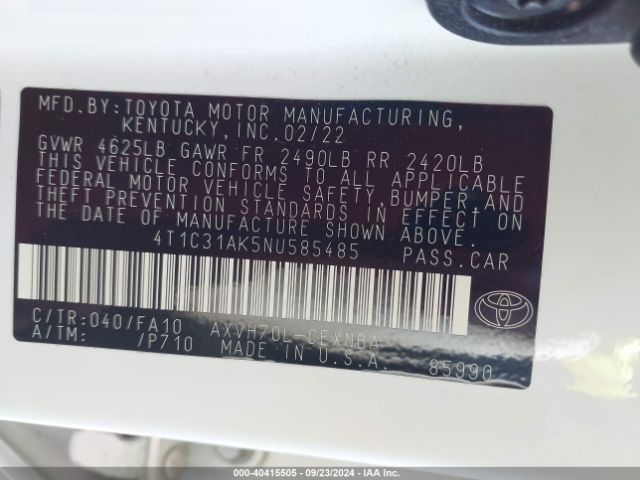 4T1C31AK5NU585485 Toyota Camry Le Hybrid