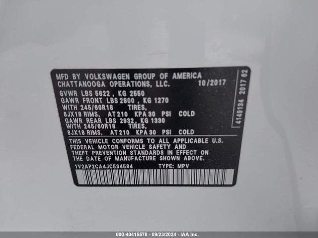 1V2AP2CA4JC534584 Volkswagen Atlas 2.0t S