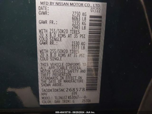 5N1DR3DK5NC268578 Nissan Pathfinder Platinum 4wd