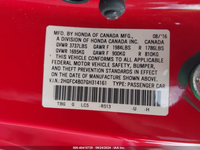 2HGFC4B07GH314161 Honda Civic Lx-p