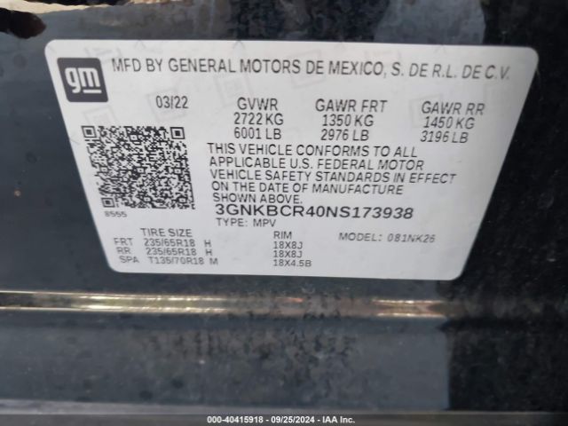 3GNKBCR40NS173938 Chevrolet Blazer Fwd 2lt