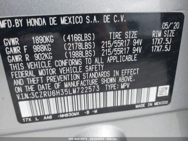 3CZRU6H35LM722573 Honda Hr-v Awd Lx