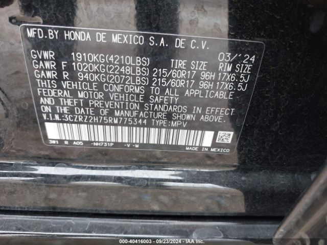 3CZRZ2H75RM775344 Honda Hr-v Awd Ex-l/awd Ex-l W/o Bsi