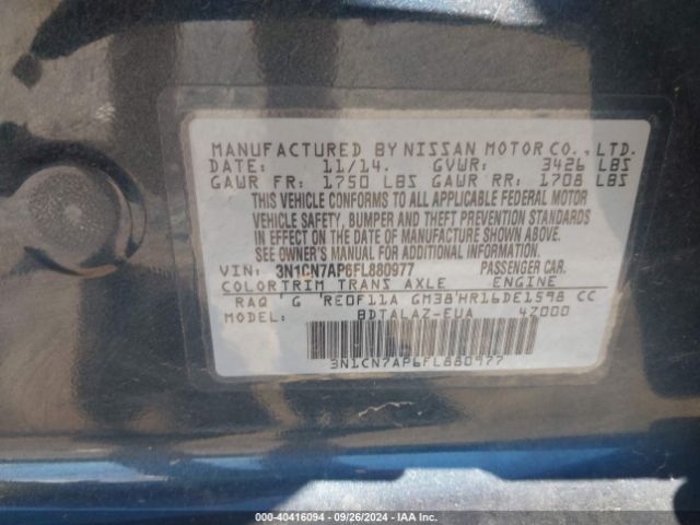 3N1CN7AP6FL880977 Nissan Versa 1.6 S+