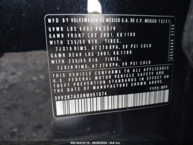 3VV2B7AX0NM051074 Volkswagen Tiguan 2.0t Se
