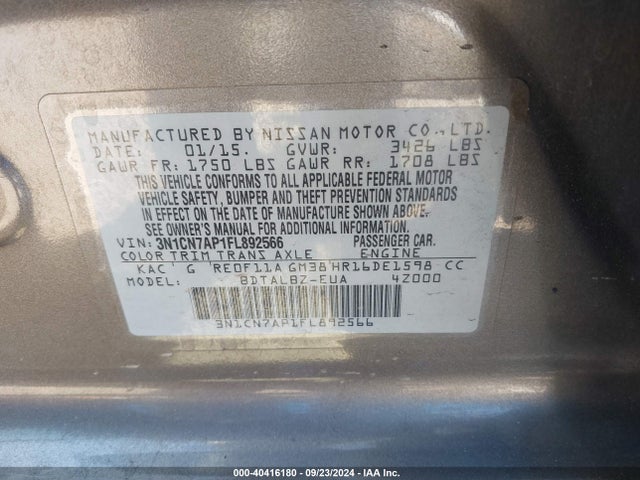 Nissan Versa 1.6 Sv 2015 3N1CN7AP1FL892566 Image 9