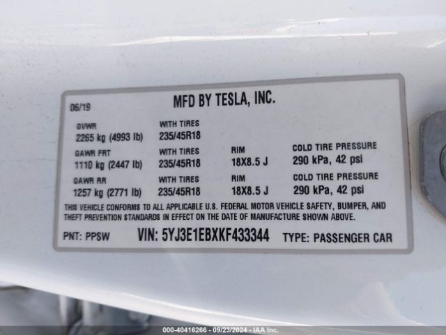 5YJ3E1EBXKF433344 Tesla Model 3 Long Range/performance