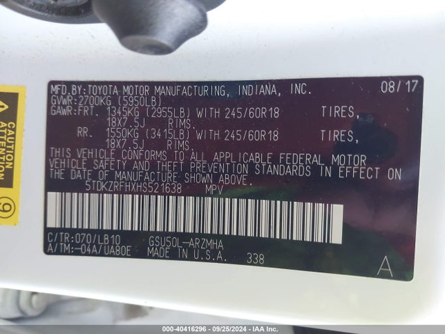 Toyota Highlander Xle 2017 5TDKZRFHXHS521638 Image 9