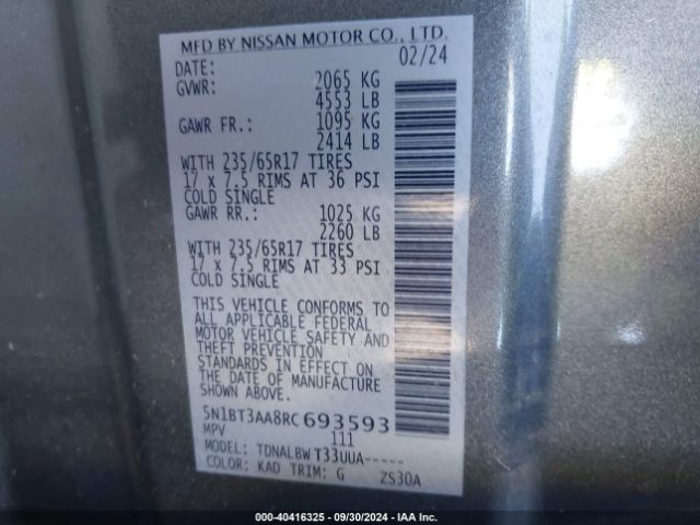5N1BT3AA8RC693593 Nissan Rogue S Fwd