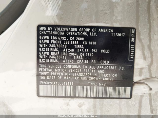 1V2CR2CA1JC543133 Volkswagen Atlas 3.6l V6 Se