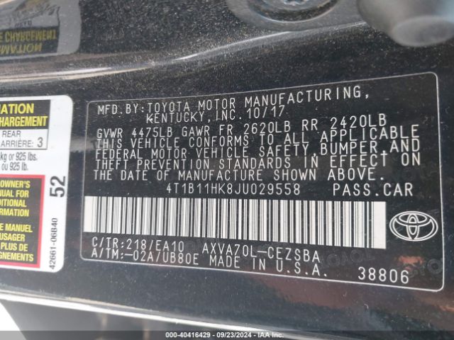 4T1B11HK8JU029558 Toyota CAMRY SE