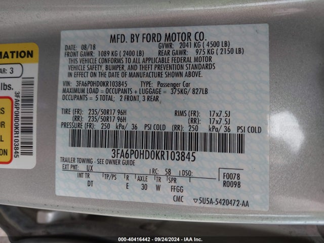 Ford FUSION SE 2019 3FA6P0HD0KR103845 Image 9