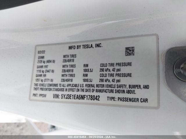 5YJ3E1EA6NF178042 Tesla MODEL 3