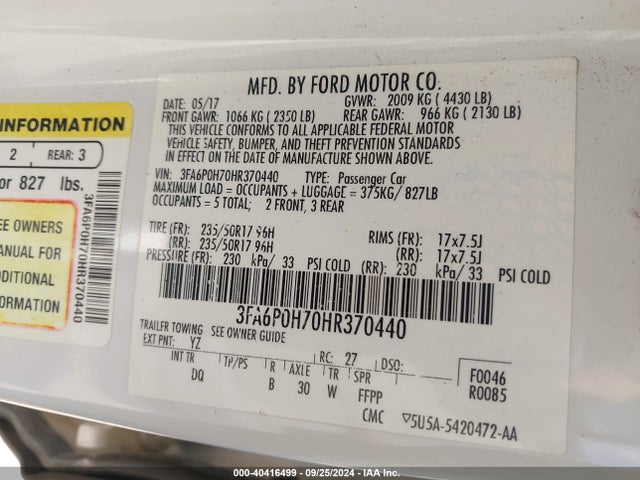 Ford FUSION SE 2017 3FA6P0H70HR370440 Image 9