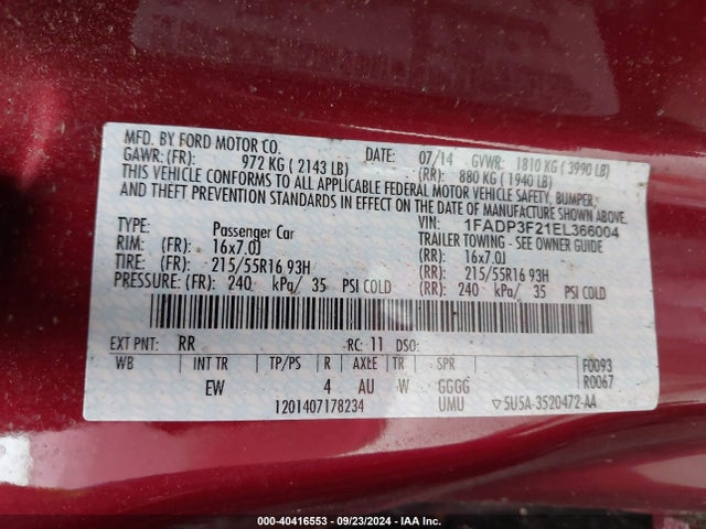 Ford FOCUS SE 2014 1FADP3F21EL366004 Image 9