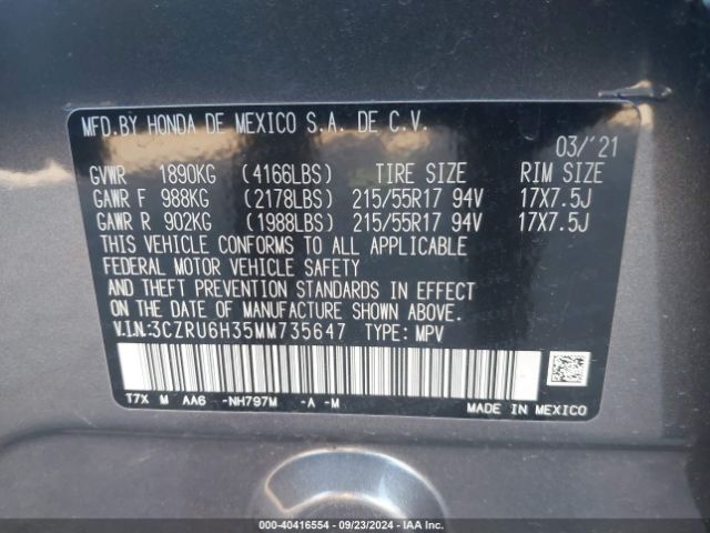 3CZRU6H35MM735647 Honda Hr-v Awd Lx
