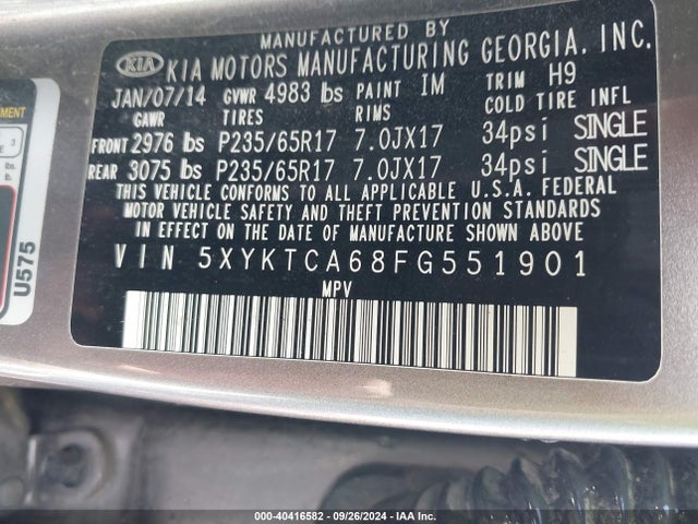 5XYKTCA68FG551901 KIA SORENTO LX