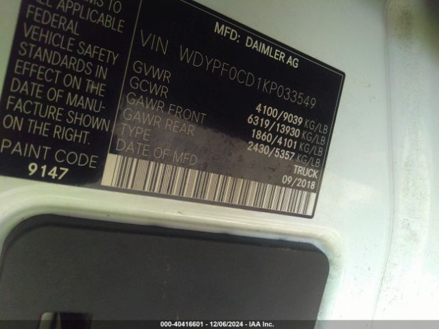 WDYPF0CD1KP033549 Freightliner Sprinter 2500 High Roof V6/standard Roof V6