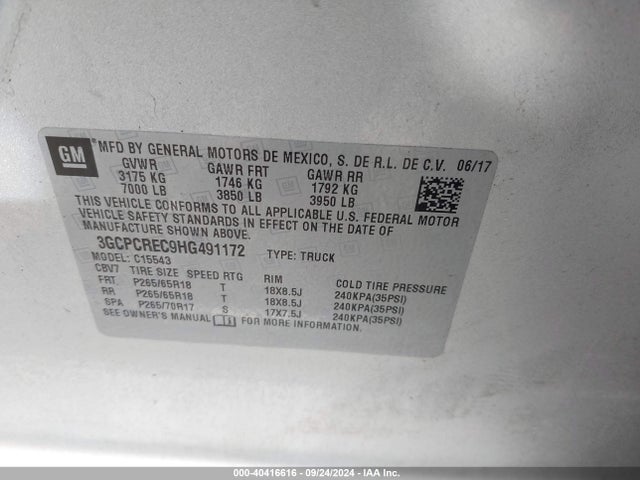 3GCPCREC9HG491172 Chevrolet Silverado 1500 1lt