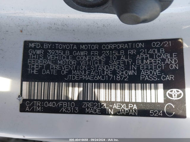 Toyota COROLLA LE 2021 JTDEPMAE6MJ171872 Image 9