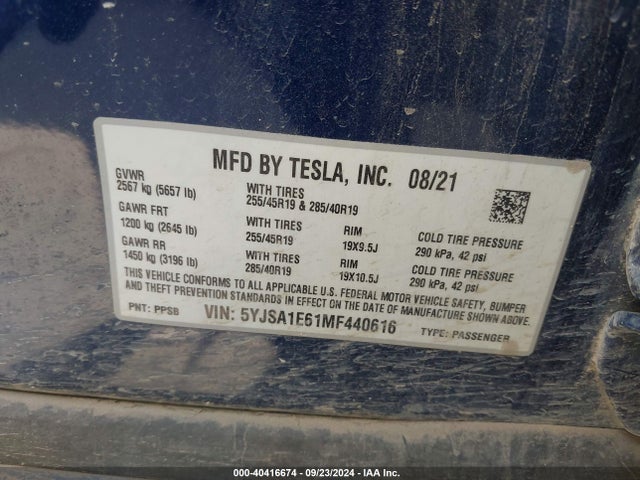 5YJSA1E61MF440616 Tesla Model S Plaid Tri Motor All-wheel Drive