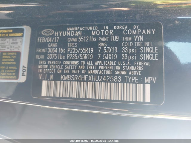 Hyundai Santa Fe Limited Ultimate 2017 KM8SR4HFXHU242583 Image 9