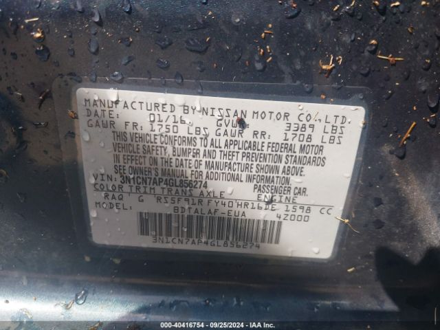 3N1CN7AP4GL856274 Nissan Versa 1.6 S