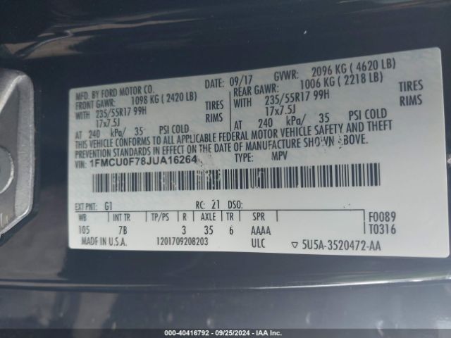 1FMCU0F78JUA16264 Ford ESCAPE S