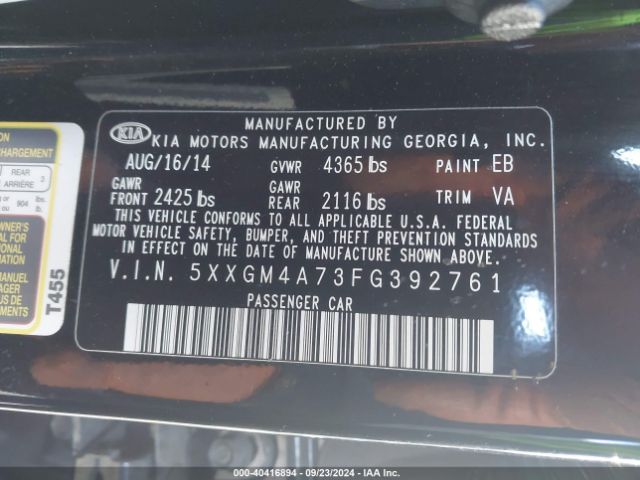 5XXGM4A73FG392761 KIA Optima Lx