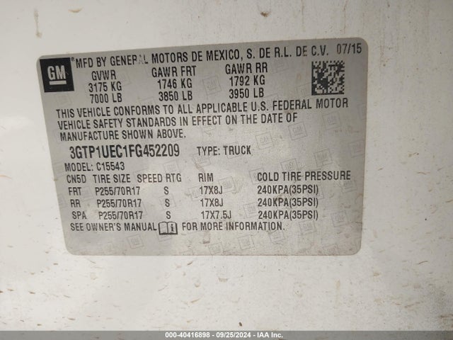 GMC Sierra 1500 Sle 2015 3GTP1UEC1FG452209 Image 9