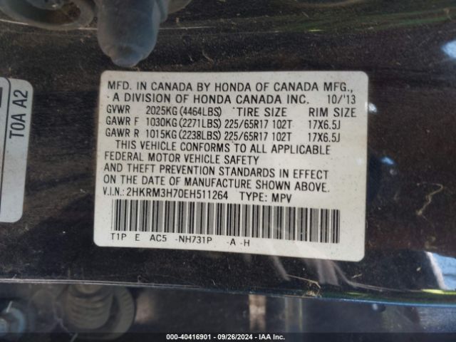 2HKRM3H70EH511264 Honda Cr-v Ex-l