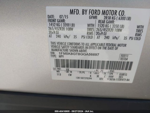 Ford EXPLORER SPORT 2016 1FM5K8GT8GGA56697 Image 9