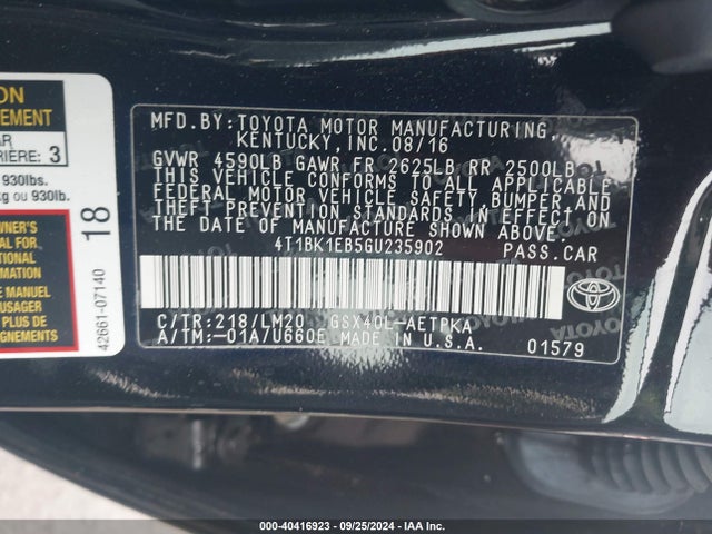 Toyota AVALON LIMITED 2016 4T1BK1EB5GU235902 Image 9