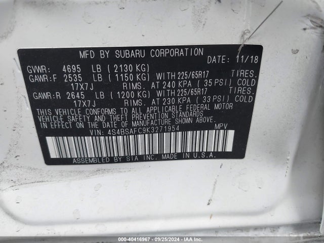 Subaru Outback 2.5i Premium 2019 4S4BSAFC9K3271954 Image 9
